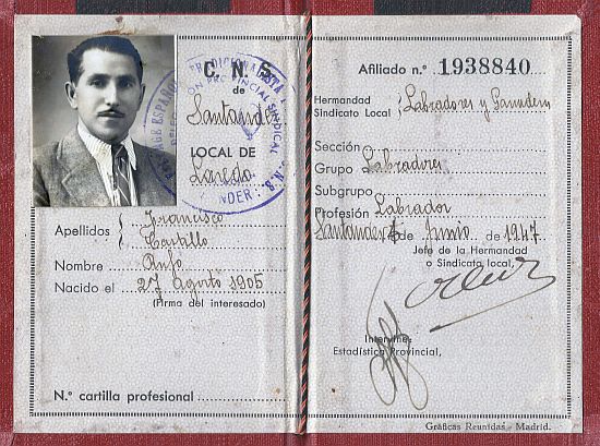 Carnet de Artesano de Rufo Francisco Castillo, 1.947